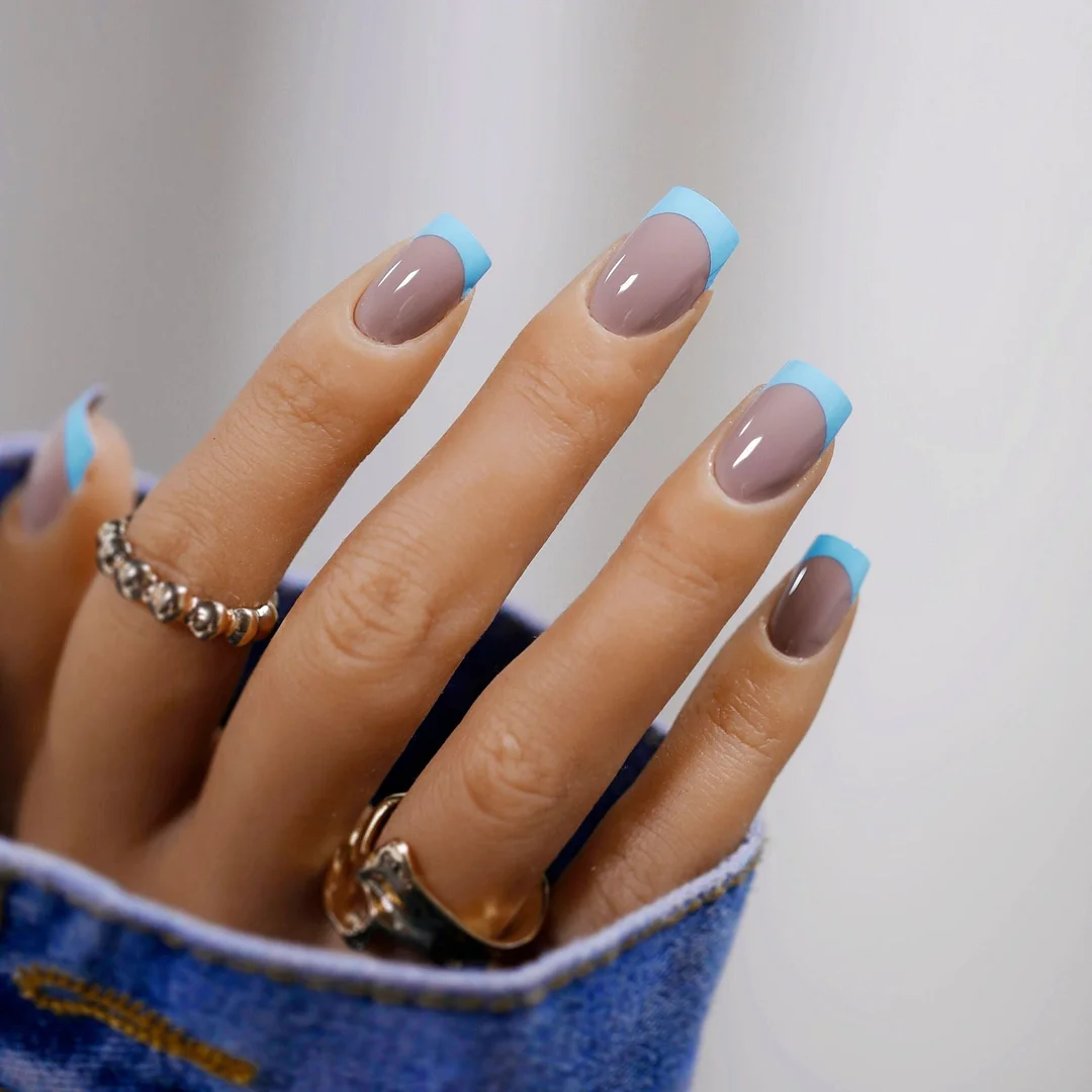 Nail Art Detachable Flower Design Blue Fake French Nails Long Ballet Coffin Press On False Nail Tips Tools For Manicure Beatuy 515-Nail Inspo