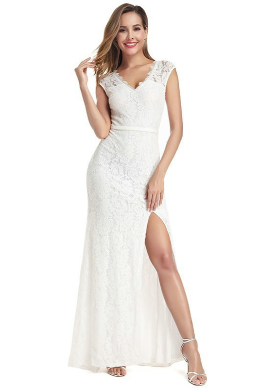 White Lace Cap Sleeve Mermaid Prom Dress With Slit