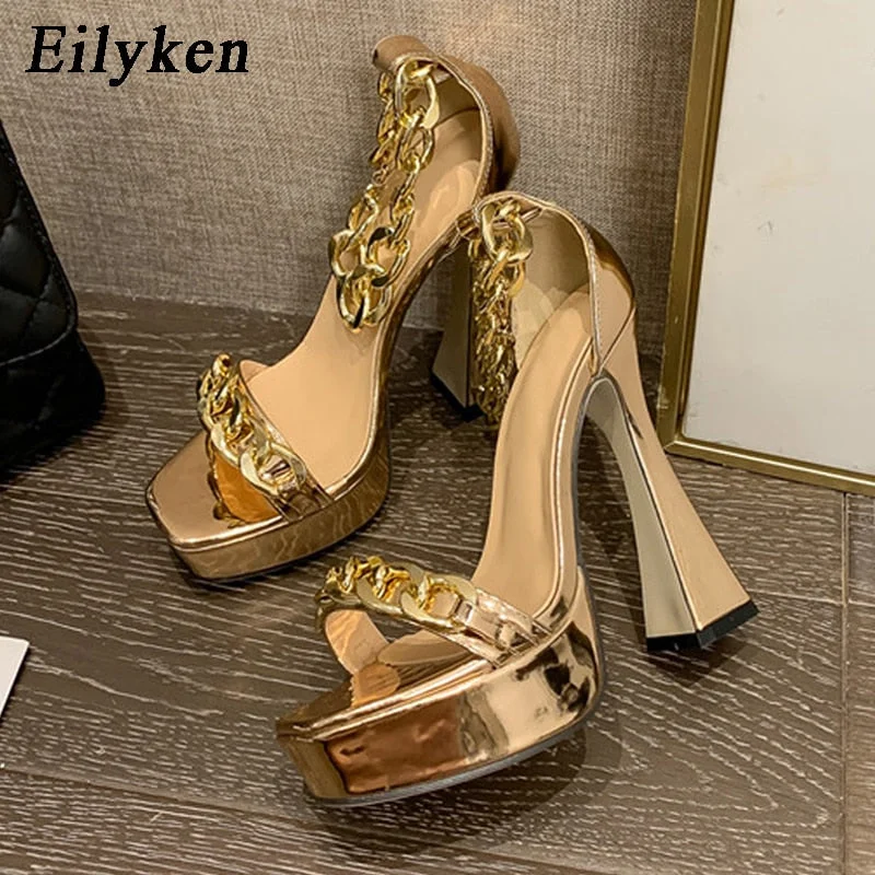 Eilyken 2022 New Summer Sexy Sandals Open Toe Platform Thick Heels Woman Shoes Rome Chain Buckle Strap Dress Heels Sandal