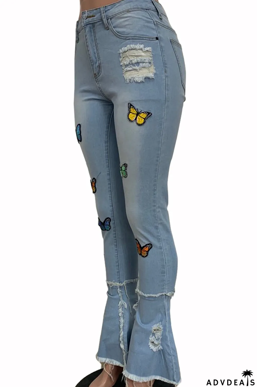 Deep Blue Casual Butterfly Print Patchwork Boot Cut Denim Jeans