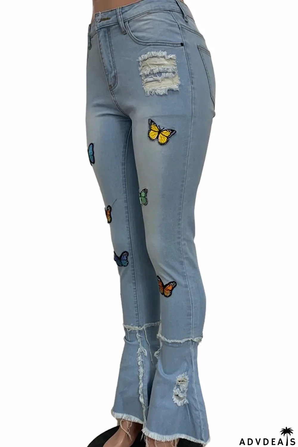 Deep Blue Casual Butterfly Print Patchwork Boot Cut Denim Jeans