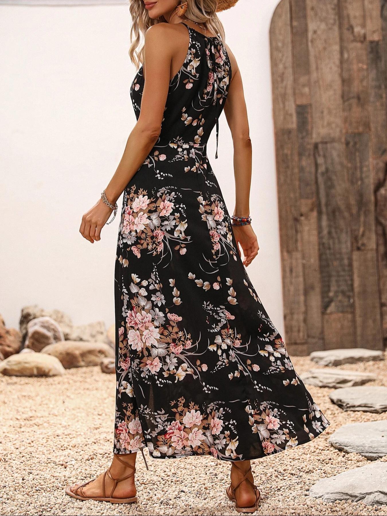 Women's Floral Print Split Thigh Halter Dress, Elegant Chic Boho Style Tie Back Design Long Dress for Spring Summer Fall, Bohemian