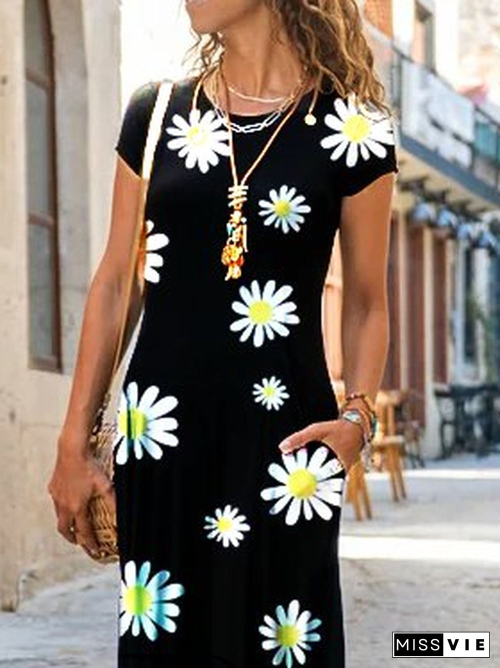Floral Short Sleeve Casual Knitting Dress
