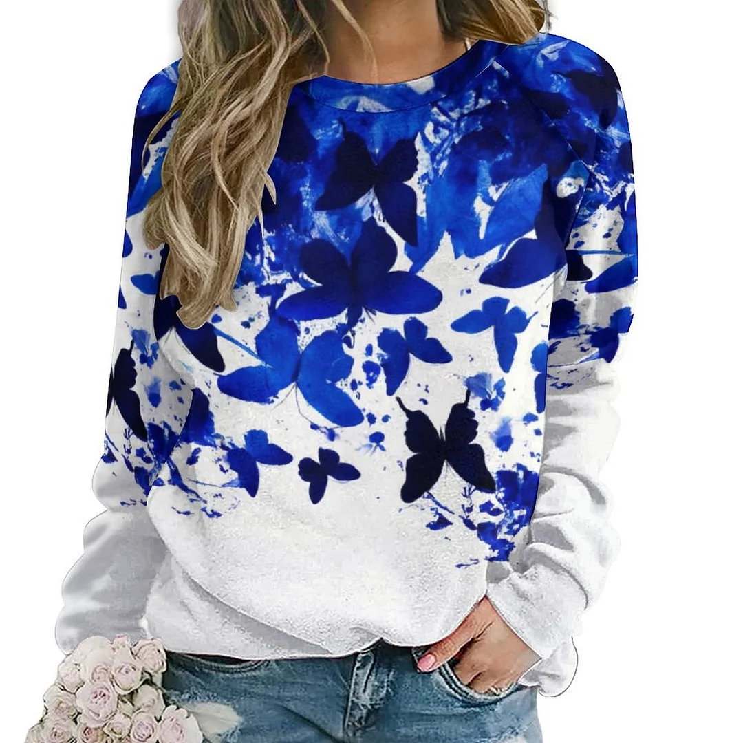 Printed Long Sleeve Casual Sweatshirt for  Women and Men Unisex Pattern Butterflies, Floral, Blue, Watercolor
