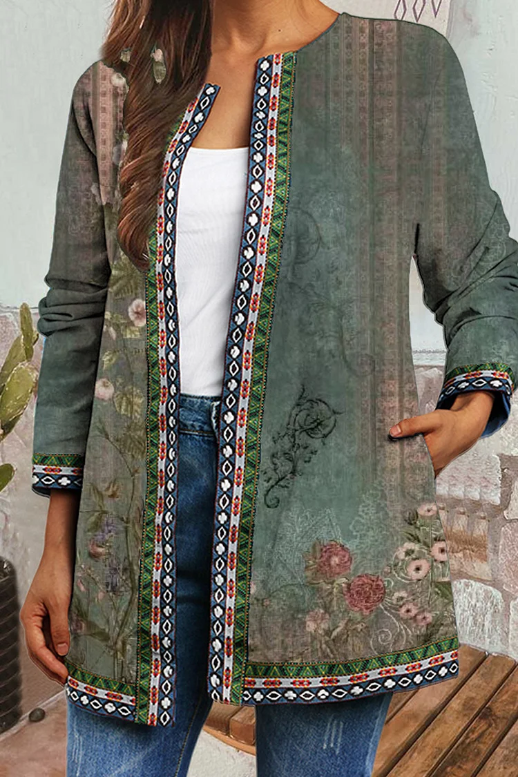 Plus Size Casual Green Retro Ethnic Floral Print Open Front Long Sleeve Cardigan