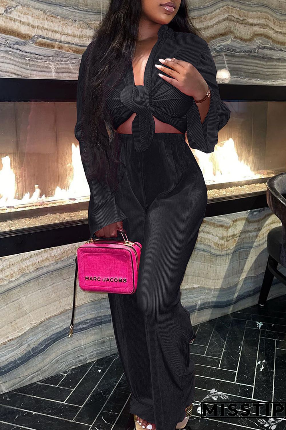 Black Casual Solid Bandage Patchwork Buckle Turndown Collar Long Sleeve Two Pieces