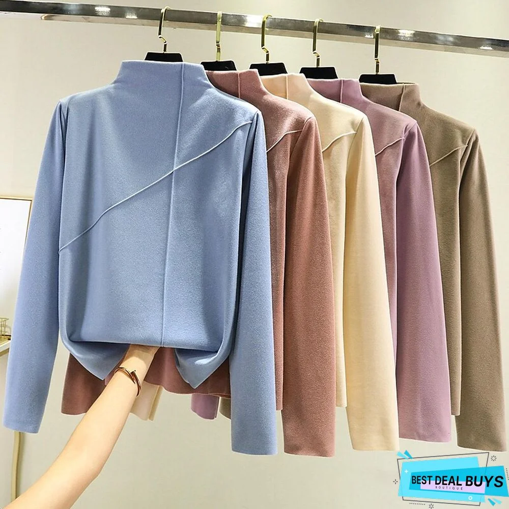 Women's T shirt Tee Light Pink dark brown A Plain Long Sleeve Daily Basic High Neck Regular Fleece lined XXL (recommended 140-160 catties)
