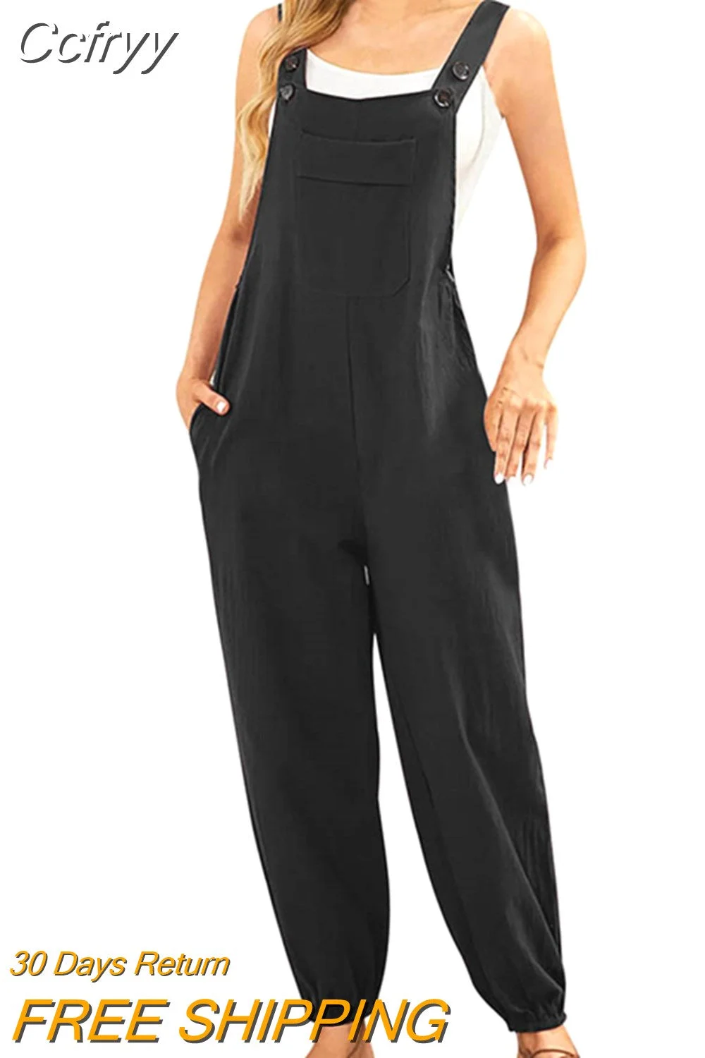 huibahe Loose Jumpsuit For Women Summer Spring Cotton Linen Elegant Sleeveless Black Long Pants With Pockets Overalls Romper