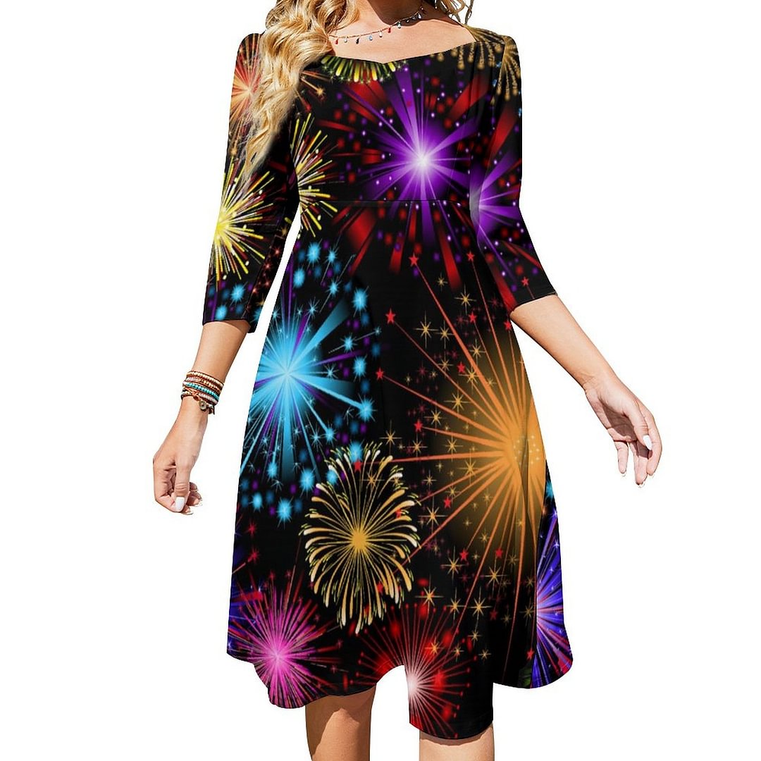 Fun New Years Eve Holiday Party Dress Sweetheart Tie Back Flared 3/4 Sleeve Midi Dresses