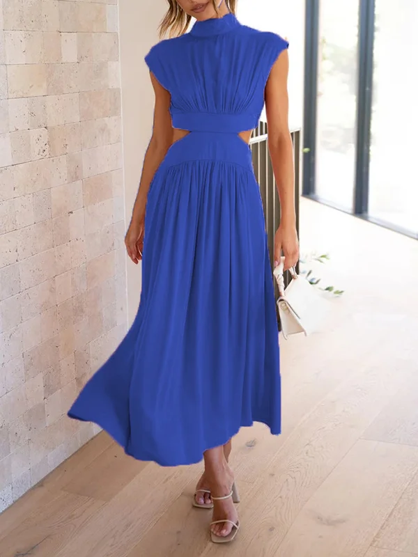 Cap Sleeve Belly-Hollow Pleated Pure Color Stand Collar Maxi Dresses