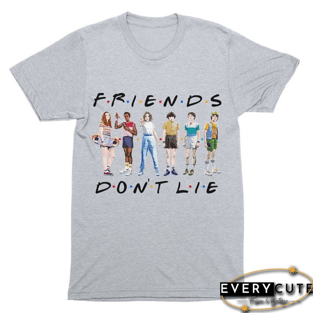 1Pcs Freind Dont Lie Six People Stand Printed T Shirt Stranger Things Letter Print Plus Size T Shirt White Short Sleeve Friends Dont Lie Printing Tees Feme Summe Tops