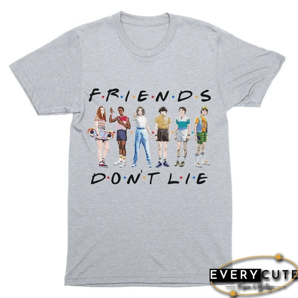 1Pcs Freind Dont Lie Six People Stand Printed T Shirt Stranger Things Letter Print Plus Size T Shirt White Short Sleeve Friends Dont Lie Printing Tees Feme Summe Tops