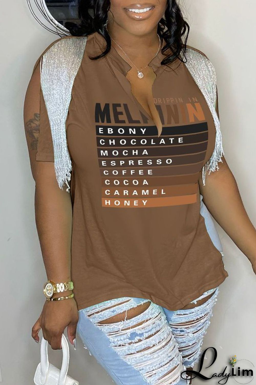 Rose Red Casual Letter Print Tassel Patchwork V Neck T-Shirts