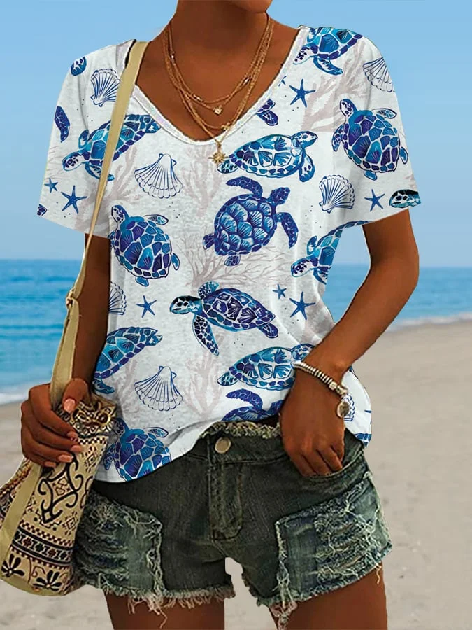 🔥Buy 3 Get 10% Off🔥Women's Hawaiian Turtle Print Casual V-Neck T-Shirt