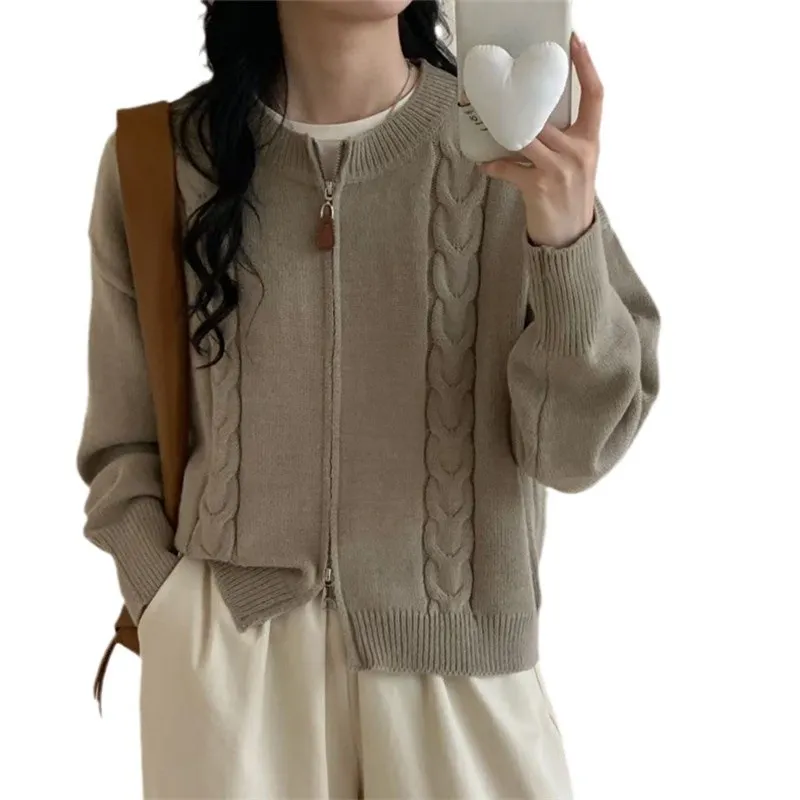Churchf Churchf Coat Double Zipper Knit Cardigan Female Fall 2024 Design Sense Casual Loose Round Neck Sweater Top