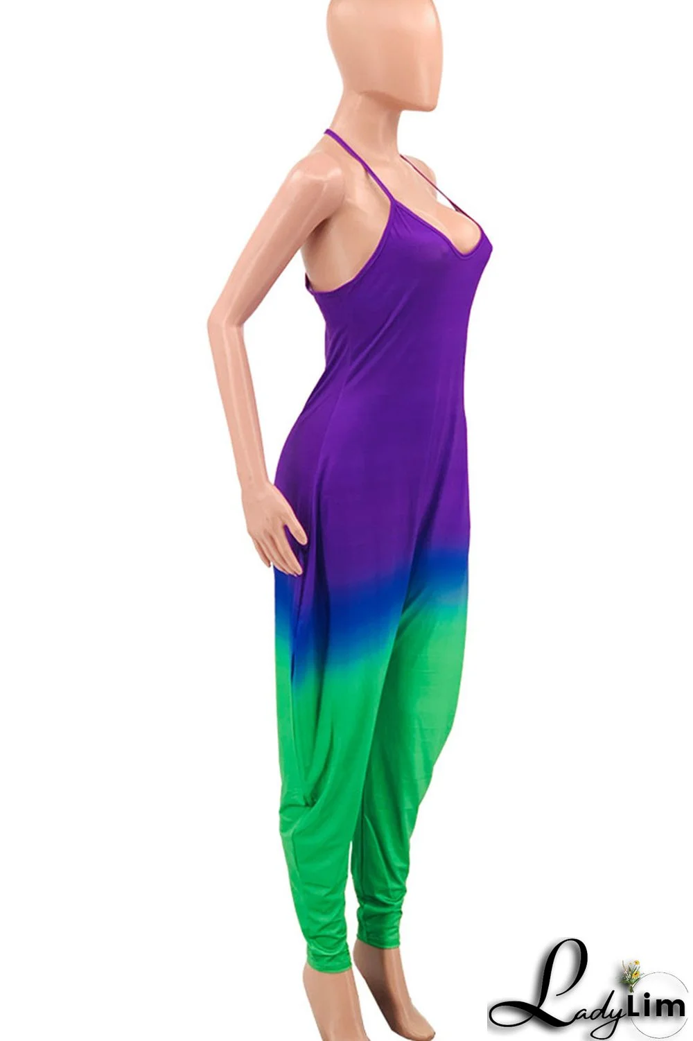 Green Casual Gradual Change Print Patchwork Spaghetti Strap Harlan Jumpsuits