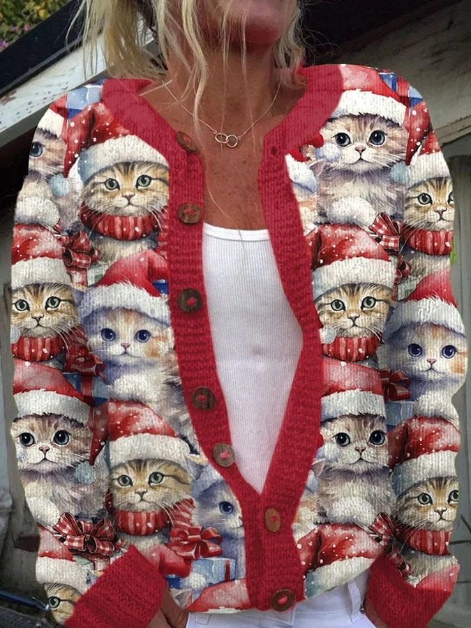 Women'S Christmas Cat Print Knitted Cardigan