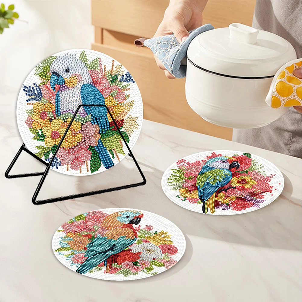 4pcs DIY Flower Parrot Wooden Diamond Painted Placemats for Dining Table Decor(15*15cm)