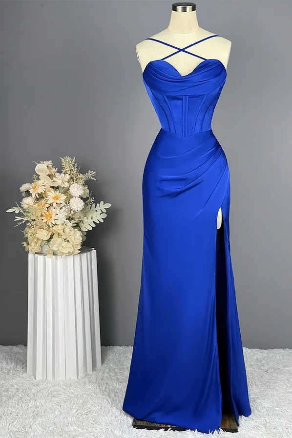 Lisliy Elegant Royal Blue Split Stain Sleeveless Prom Dress