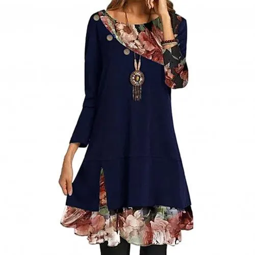 Autumn Vintage Flower Print A-Line Dress Women Elegant Patchwork Irregular Dress Casual O Neck Long Sleeves Dress