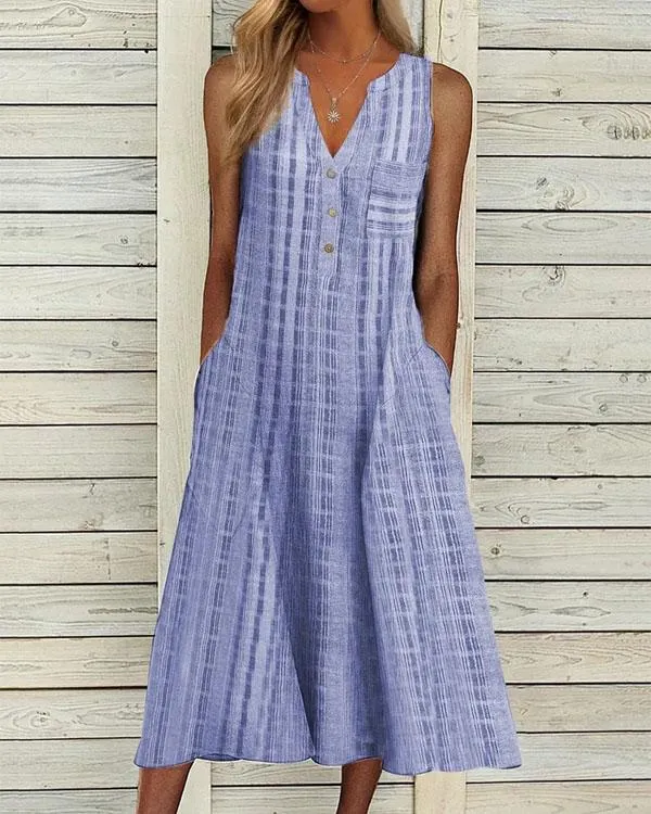 Sleeveless Button V Neck A Line Dress