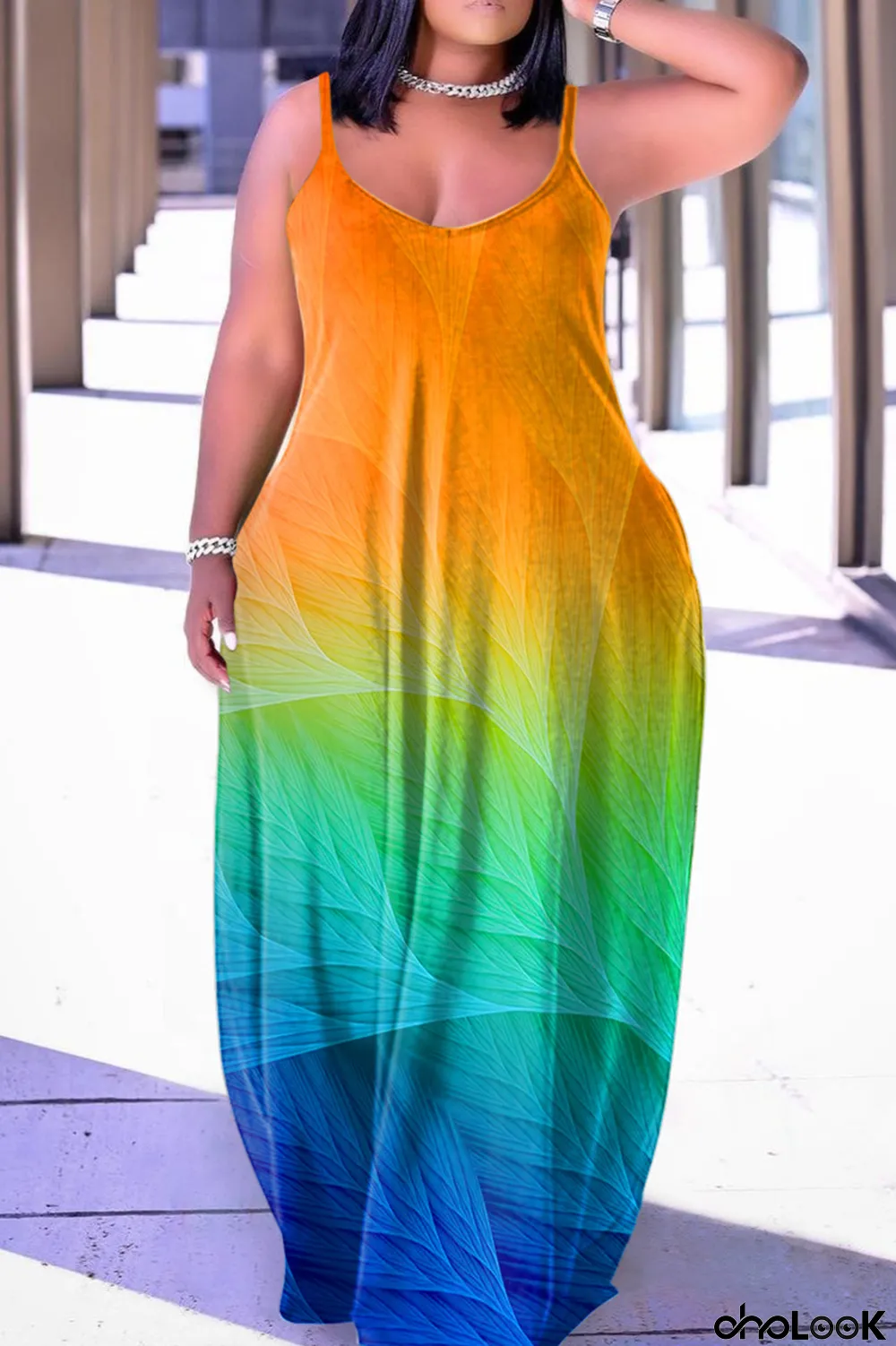 Tangerine Red Sexy Casual Print Backless Spaghetti Strap Long Dress Dresses