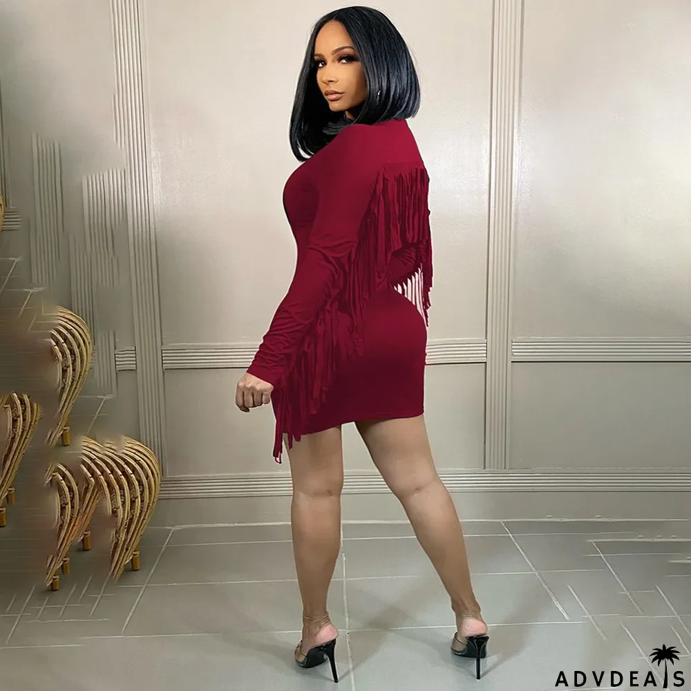 Plus Size Solid Tassel Long Sleeve Mini Dress