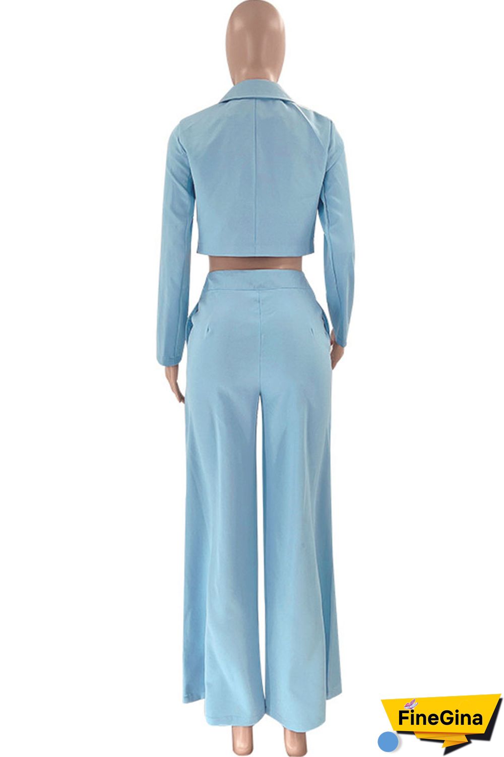 Cyan Casual Solid Patchwork Buttons V Neck Long Sleeve Two Pieces