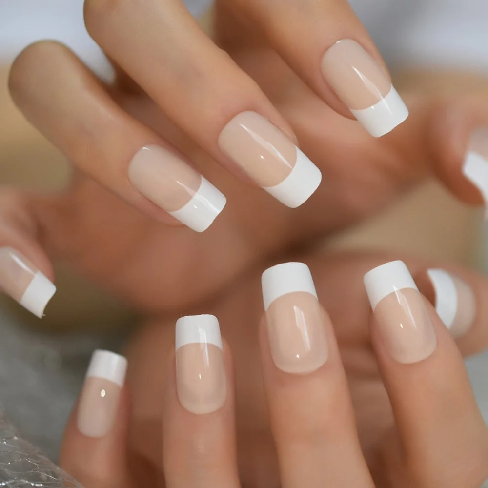 French Manicure 24 Units Faux Ongles Short Squoval Rose Mixed Milky White Press On Nail Large-Nail Inspo