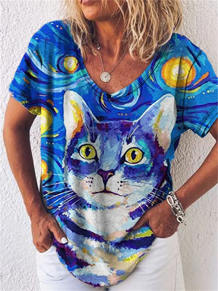 Cat In Starry Night V Neck T Shirt