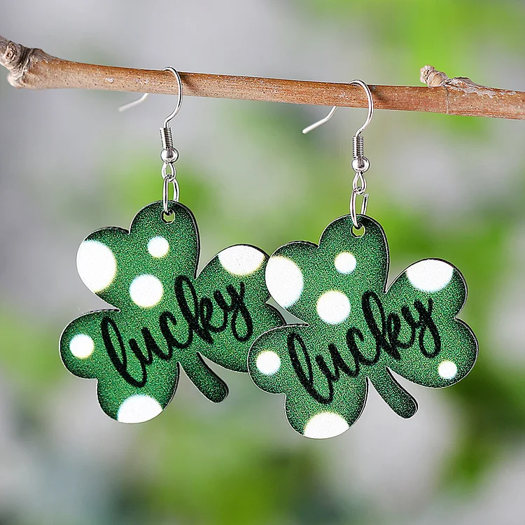Green Clover Polka Dot "Lucky" Wooden Drop Earrings