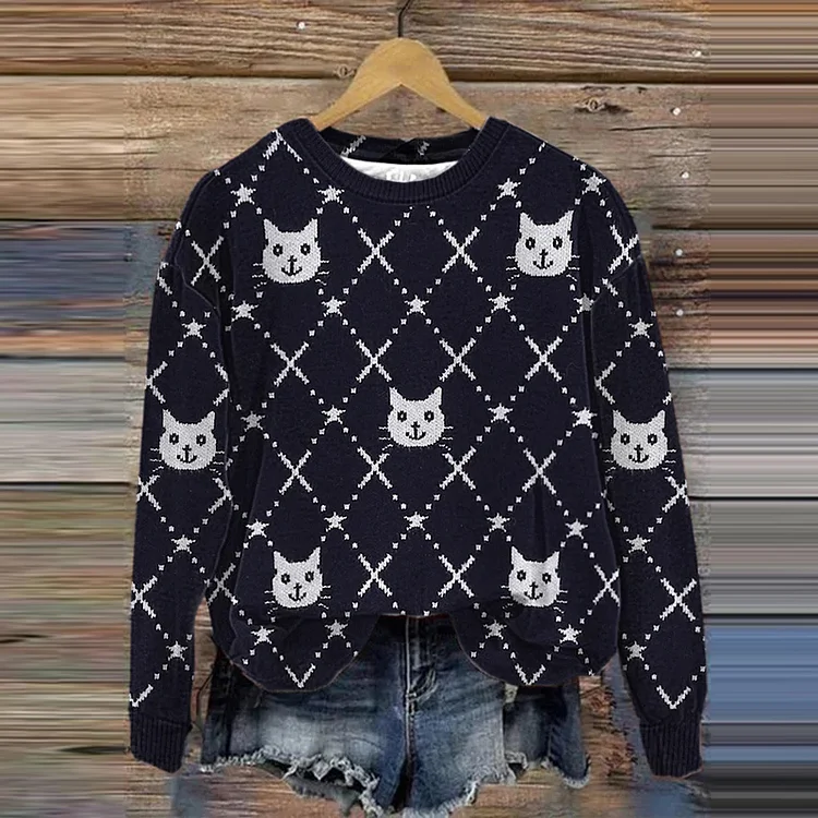 VChics Women's Cat Print Casual Round Neck Sweater