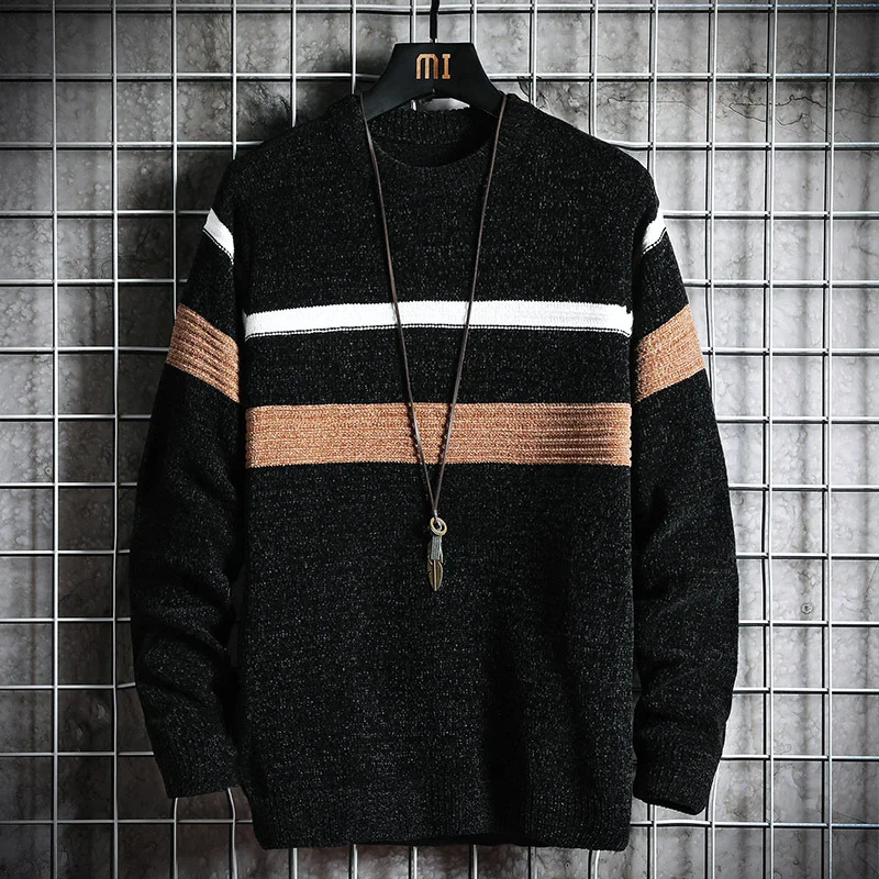 Generation Hair Men's Sweater Long-sleeved Pullover Autumn Base Sweater Striped Round Neck Korean Youth Chenille Sweater