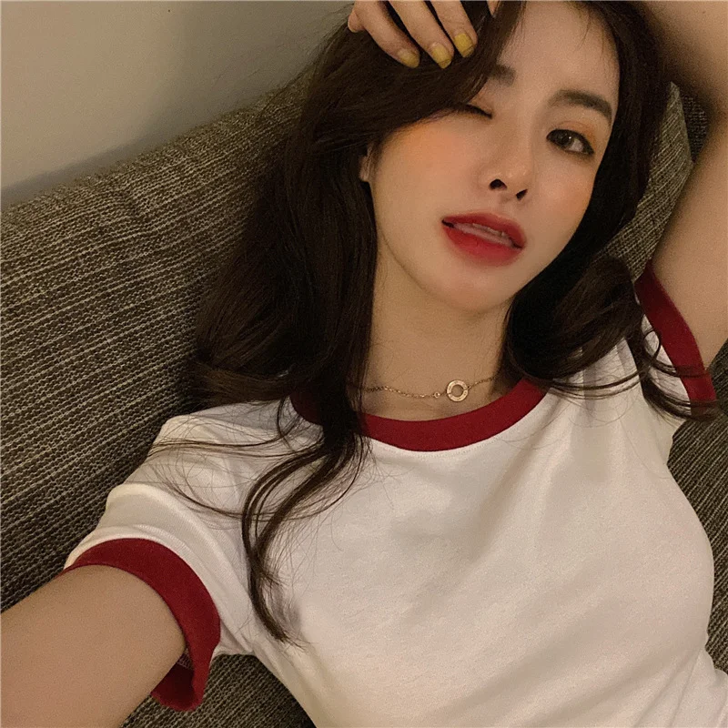 Brownm Brownm Summer Solid Color Korea New Short-Sleeved T-Shirt Women Slim Solid Color Women's Top Clothes