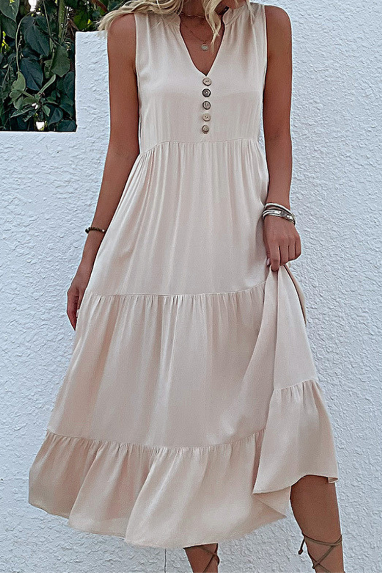Women's Holiday Beach Dress V-Neck Sleeveless Buttoned Tiered Midi Dress