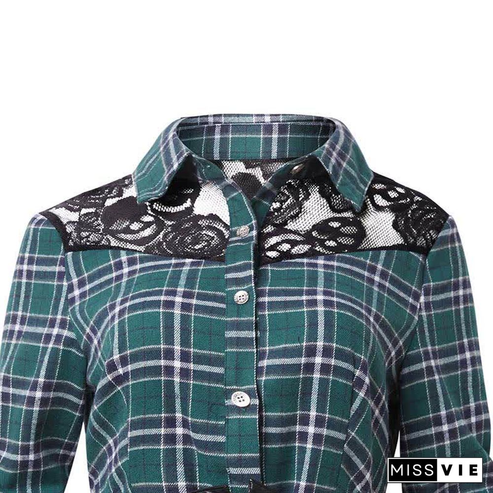 Irregular Plaid Print Lace Up Long Sleeve Shirt Dress