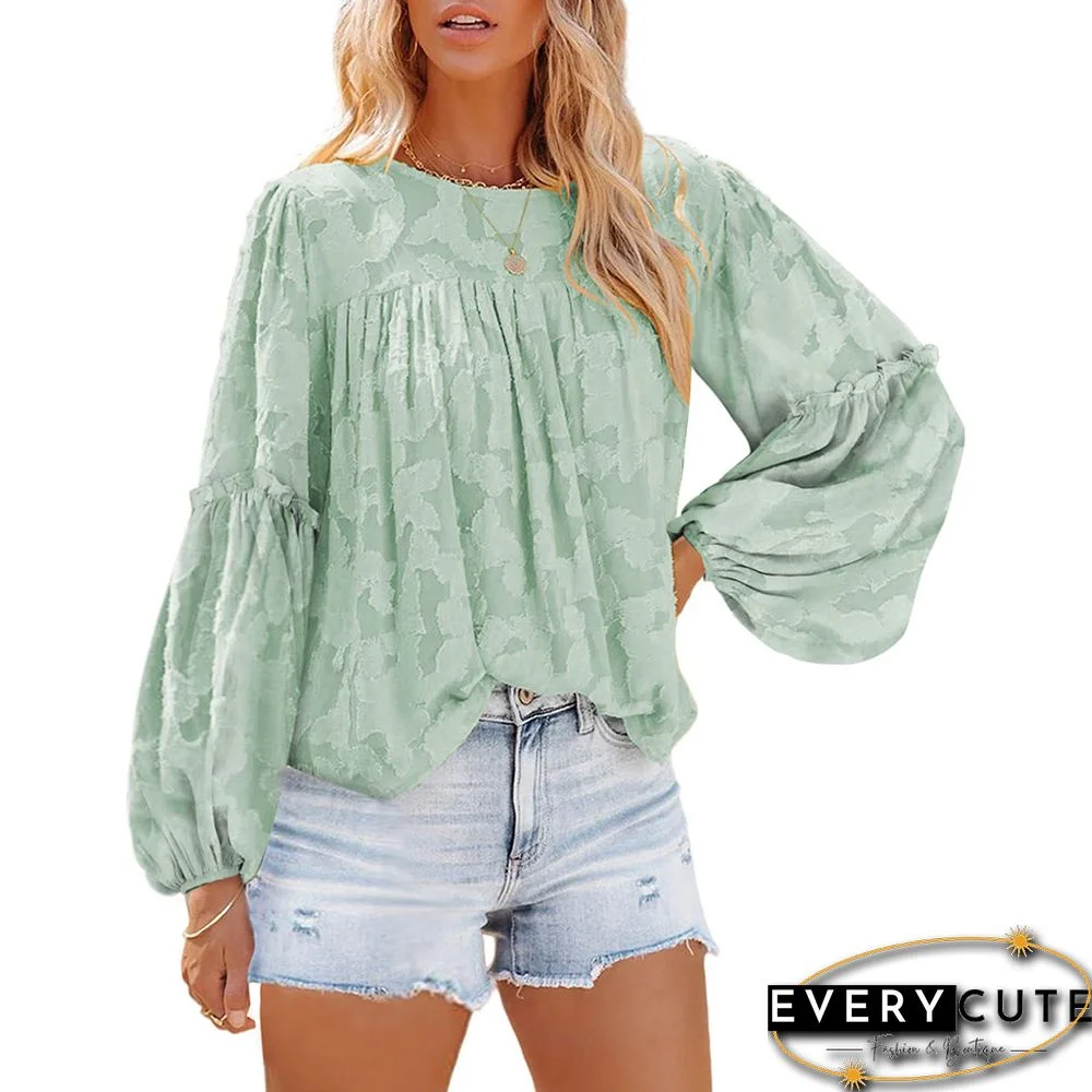 Light Green Jacquard Puff Long Sleeve Blouse