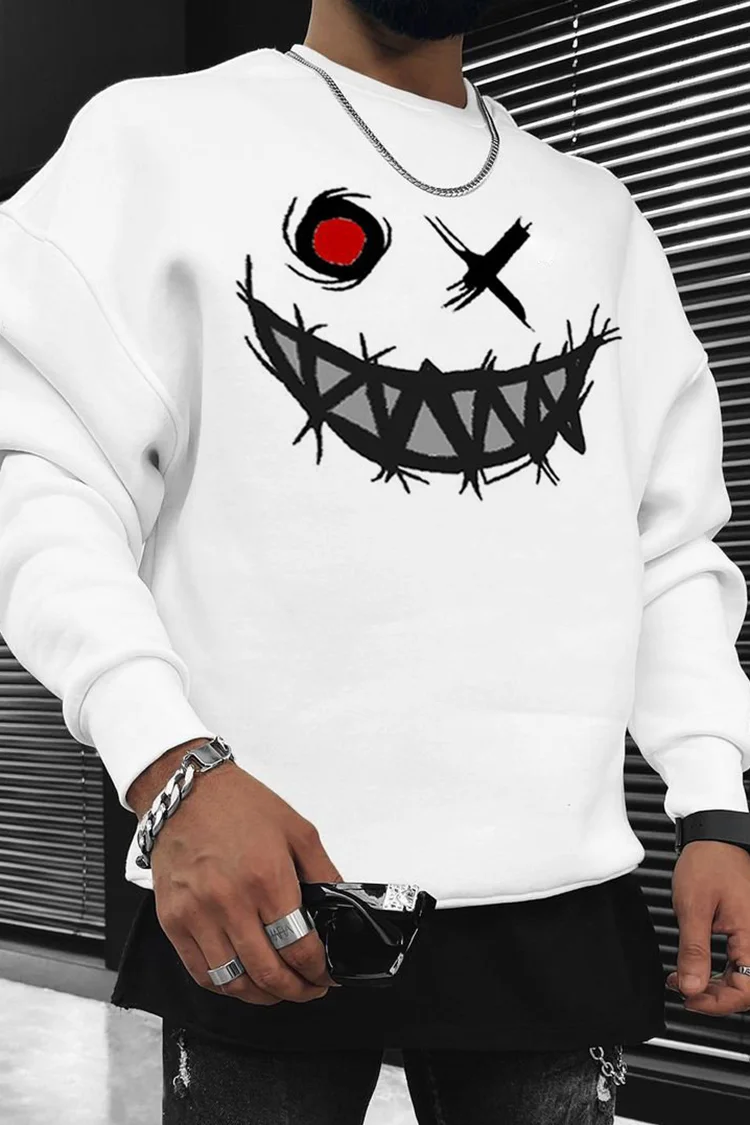 Tiboyz Halloween Smiley Print White Oversized Sweatshirt