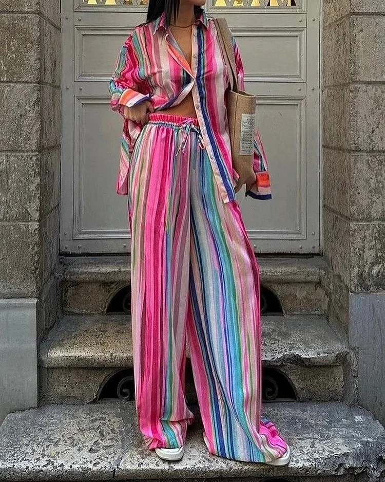 Lapel rainbow print two piece suit