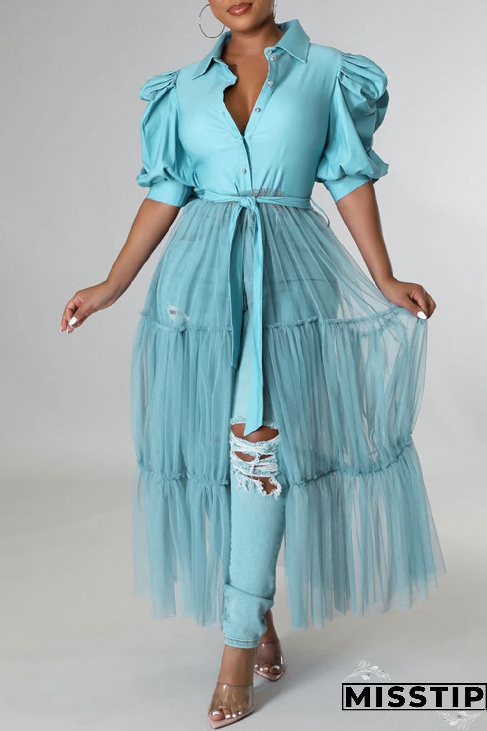 Yellow Fashion Casual Solid Patchwork Mesh Turndown Collar Shirt Dress