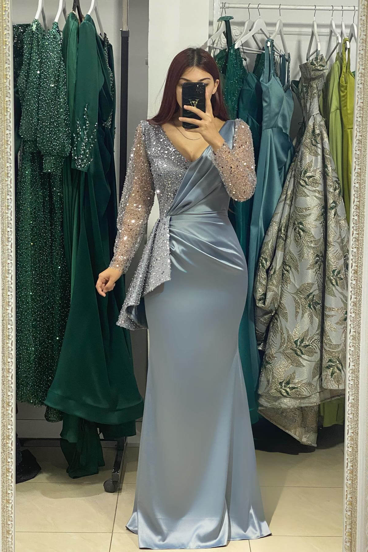 Chic Dusty Blue V-Neck Long Sleeves Mermaid Evening Gown With Sequins Pearls Beadings - lulusllly