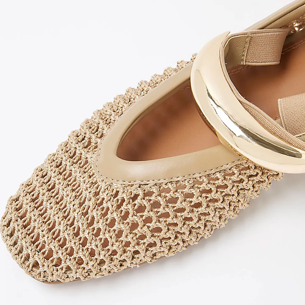 Beige Round Toe Crochet Gold Metal Strap Flat Shoes for Women