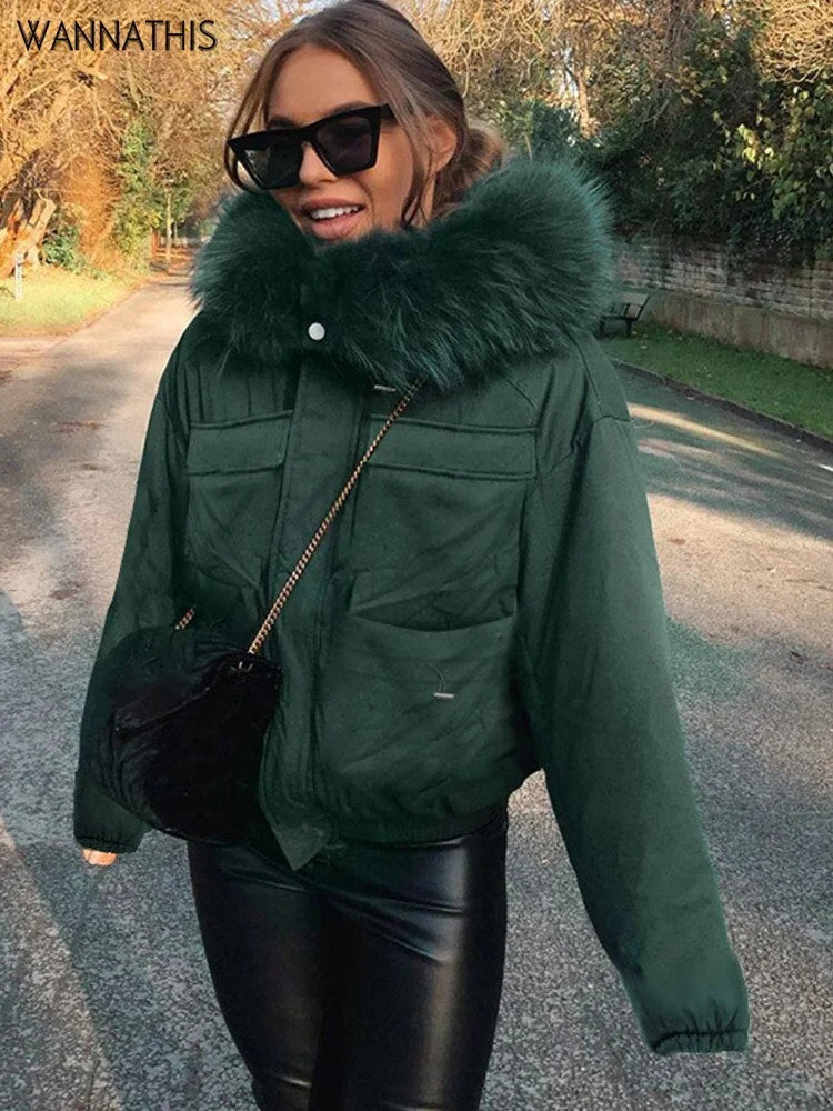WannaThis Fur Neck Women Cotton Coat Thick Warm Hooded Long Sleeve Jacket Streetwear Daily Wear Pockets Button Outwear Parkas