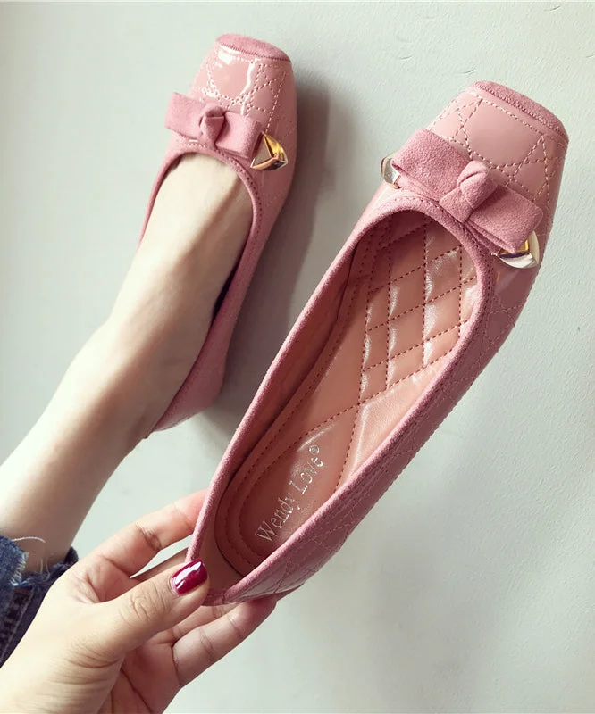 Pink Flats Faux Leather Women Splicing Bow Square Toe