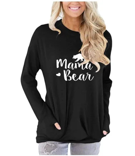 Beauty Pocket Sweater Mama Bear Print Crew Neck Long Sleeve T-Shirt