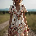Bohemian Style Plant Flower And Butterfly Pattern Embroidery Women's Cotton And Linen Dress - Image 2