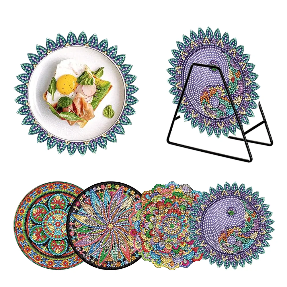 4 PCS DIY Datura Wooden Diamond Painted Placemats with Holder