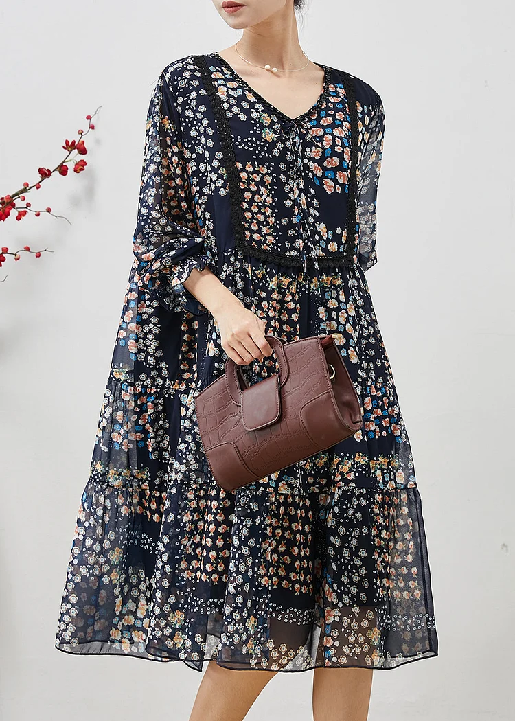Bohemian Navy Oversized Print Chiffon Mid Dress Summer