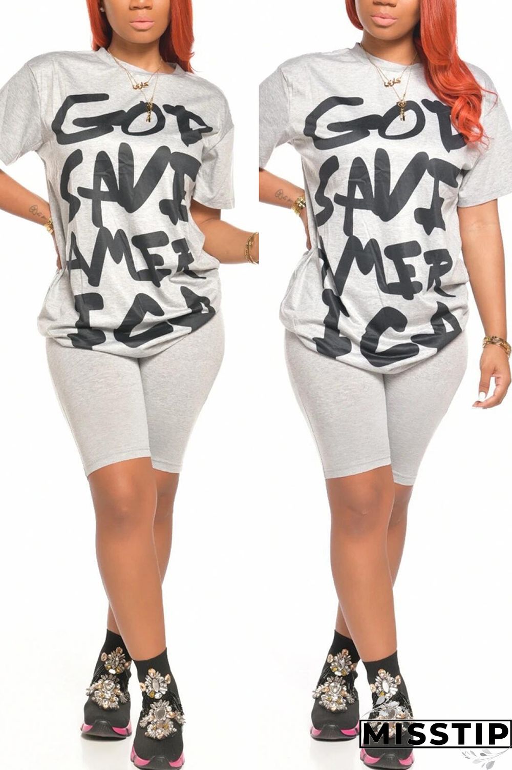 Grey Sexy Letter Print Straight Short Sleeve Two Pieces