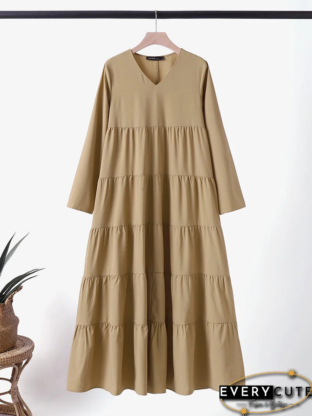 Solid V-neck Tiered Long Sleeve Casual Maxi Dress